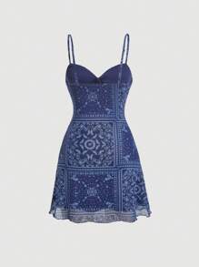 SHEIN MOD 大码夏季复古针织吊带背心连衣裙，带佩斯利印花 - 藍色 - 查看 2