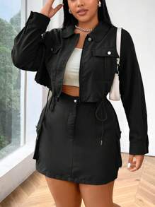 Flirla Plus Size Solid Color Jacket & Skirt Workwear 2pcs/Set Fall Cloth For Women - Black - View 3