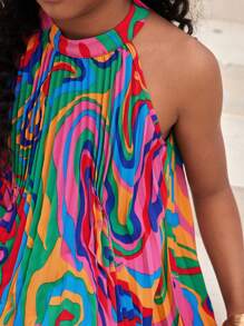 SHEIN SLAYR KIDS SLAYR KIDS Tween Girl Vacation/Casual Spring/Summer Geometric Pattern Woven Pleated Halter Neck Sleeveless Dress - Multicolor - View 6