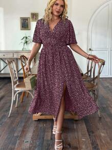 SHEIN Clasi Đầm tay ngắn xếp nếp hoa Boho phong cách nghỉ mát mùa hè cỡ lớn cho nữ màu đỏ tía - Màu Đỏ Sâu - Xem 4