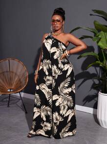 SHEIN CURVE+ Mono de palma de talla grande con estampado de hojas y un solo hombro, de pierna ancha para vacaciones y ropa informal - Multicolor - Ver 5