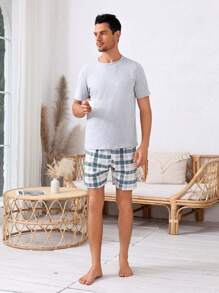 Manfinity Underwear&Sleepwear Basics Conjunto De Ropa De Verano Para Hombres Con Estilo De Shorts Y Camiseta De Manga Corta Para Estar En Casa