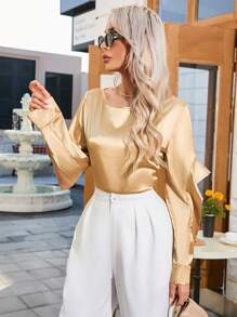 GENKIRA Áo cánh nữ tay dài cổ tròn nhún bèo lấp lánh thanh lịch, sang trọng - Rượu sâm banh - Xem 4