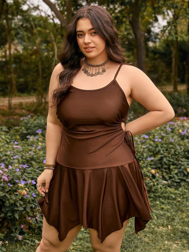 Plus Size Women's Solid Color Halterneck Cut-Out Waist Tie A-Line Dress For Summer