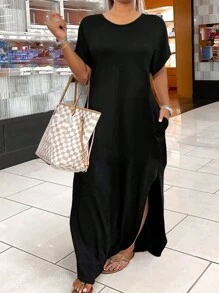 SHEIN EMERY ROSE CURVE Plus Size Women's Solid Color Round Neck Dress With Pockets Maxi Women Outfit - Black - View 1