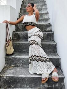 RueChic Completo donna composto da top a collo alto lavorato a maglia e gonna, per vacanza al mare in estate