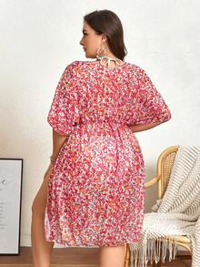 SHEIN Swim Vcay 大尺寸寬鬆割裂前衛海灘和服,帶綁帶,適用於夏季 - 彩色 - 查看 2