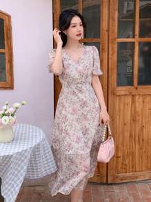 Dazy Designer Vestido Largo De Manga Corta Abullonada Y Estilo Vacacional Para Mujer Con Estampado De Flores Y Escote En V - Púrpura malva - Ver 3