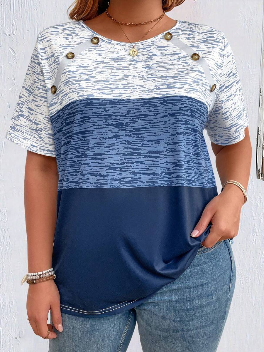 EMERY ROSE Plus Size Multicolor Printed Casual Short Sleeve T-Shirt For Summer Graphic Tees Women Tops - Multicolor - View 1