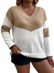 SHEIN LUNE Suéter de mujer talla grande con bloque de color y cuello en V, de manga larga, adecuado para primavera y otoño, suéter de punto para otoño e invierno - Caqui - Ver 3