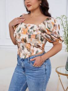 SHEIN Privé 夏季優雅浪漫的短袖襯衫，魚骨裝飾和流動的抽象花卉圖案，方領，適合大號女性 - 適合旅行和約會的完美穿搭 - 橘色 - 查看 4