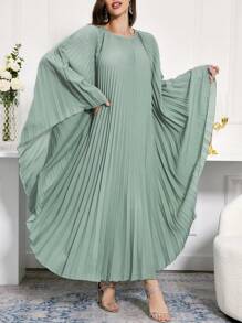 Al Najma Caftan ample à col rond plissé de couleur unie, robe arabe modeste à manches longues - Vert - Voir 6