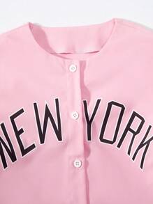 Camisa larga de manga corta sin cuello con patrón de letras y rayas para niña preadolescente para el verano - Rosa - Ver 5