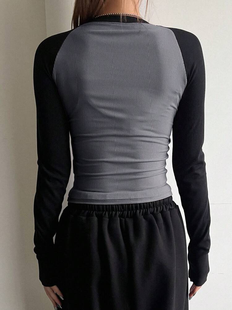 Color Block Raglan Sleeve Letter Print Round Neck Slim Fit Long Sleeve Women's T-Shirt Jersey,Fall Clothes Preppy Tops Graphic Tee