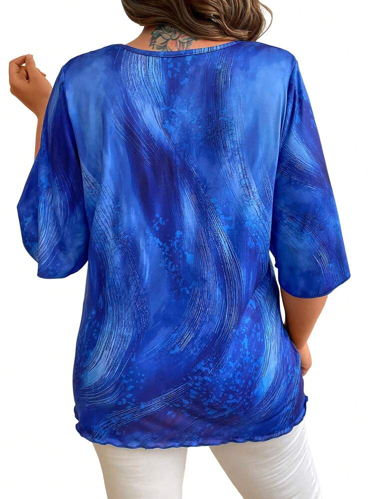 Plus Size Women's Loose Marble Print Vintage Short Sleeve V-Neck Casual T-Shirt