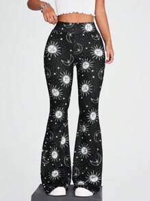 Coolane Sun & Moon Print Flare Leg Trousers - Black - View 1