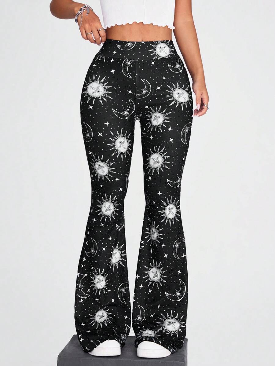 Coolane Sun & Moon Print Flare Leg Trousers - Black - View 1