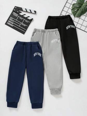 SHEIN Playful Pals 3pcs/Set Casual Letter Printed Sports Pants For Young Boys, Spring/Summer