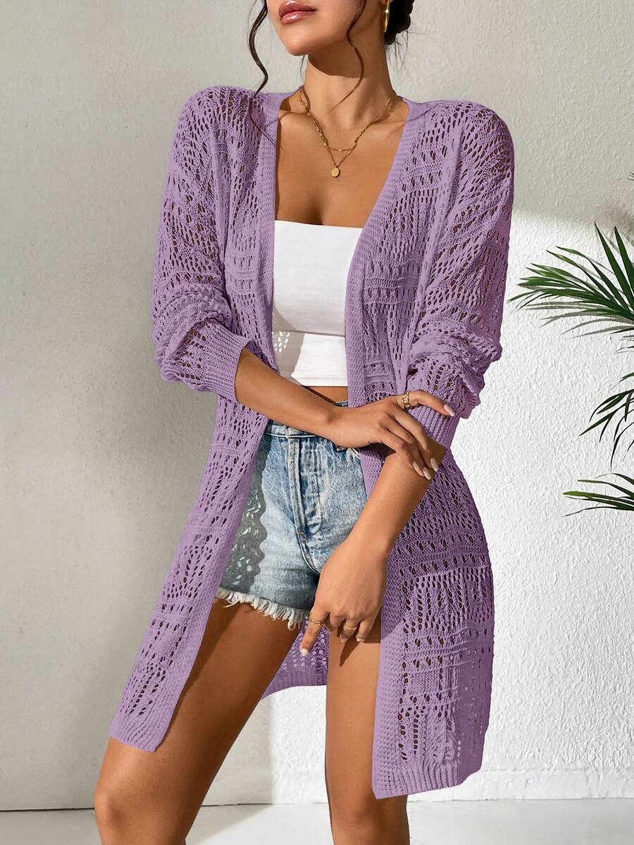 SHEIN Swim Của phụ nữ Xu hướng: Cắt giảm Off Shoulder Tay áo dài Kimono áo Với Mở Mặt trước Cho mùa hè Kỳ nghỉ - Màu Lilac Tím - Xem 1