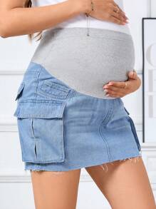 SHEIN Maternity Fashionable Denim Skirt With Big Pockets - Light Wash - View 4