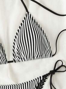 SHEIN Swim Bộ Bikini Halterneck sọc riêng biệt có dây buộc dành cho nữ đi biển mùa hè - Đen và trắng - Xem 5