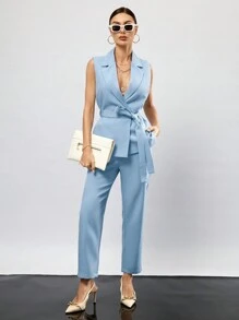 SHEIN Privé Ladies' Solid Color Sleeveless Vest And Suit Set  - Blue - View 6