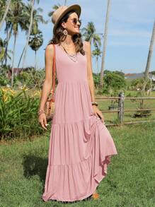 SHEIN LUNE Robe D'été De Vacances Sans Manches En Couleur Unie Pour Femmes Avec Ourlet À Volants