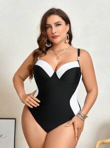 Swim Chiccia Plus Size Letni jednoczęściowy kostium kąpielowy z blokami kolorów, odpowiedni na wakacje na plaży i pływanie - Czarne i Białe - Zobacz 6