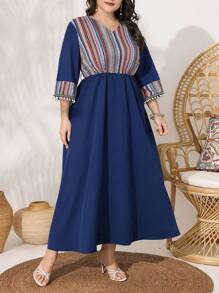 Al Najma Plus Size Printed Splicing Dress With Ball Decoration Kaftan Jalabiya Dress - Multicolor - View 4