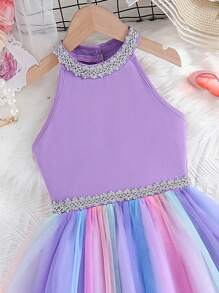 Sparklyn Tween Girls' Ombre Mesh Splice Halter Neck Princess Dress, Summer Pastel Dress - Mauve Purple - View 8