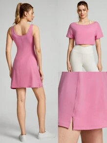 GLOWMODE Pima Cotton Two-Piece Active Midi Dress Set Daily Casual - Pink - View 8