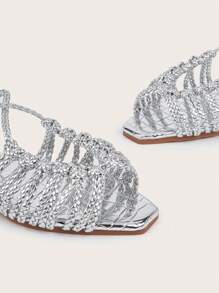 Silver Woven Twisted Knot Design With Stone Texture Fabric Patchwork Women's Flat Sandals, Random Woven Pattern, Random Stone Texture Pattern - Silver - View 4