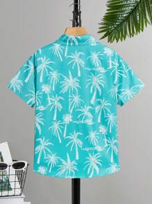 SHEIN 少年款休閒椰樹印花短袖襯衫，帶翻領設計，適用於度假 - 綠色 - 查看 2