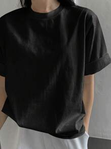 DAZY Áo thun cổ tròn rộng rãi màu trơn cho mùa hè Áo thun cỡ lớn - màu đen - Xem 5