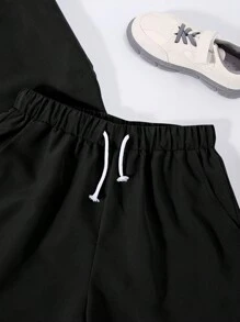 SHEIN Teen Boys' Casual Loose Fit Logo Woven Short Sleeve Shirt And Shorts Set - Black - View 4