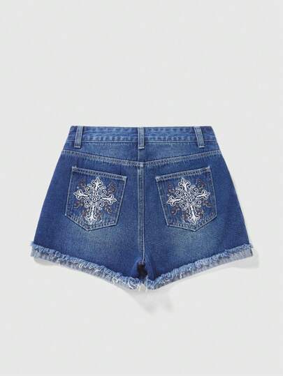 Grunge Punk Women's Embroidered Frayed Denim Shorts