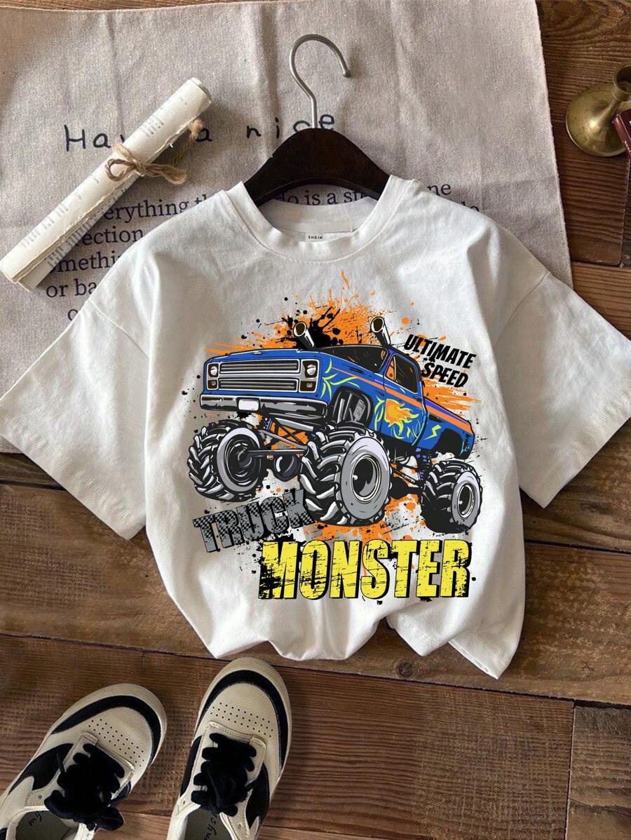 SHEIN ModeFlare Wear Monster Truck & Young Boy Casual Simplistic Truck Graphic Print Round Neck Short Sleeve T-Shirt, Cotton Blend, Suitable For Summer