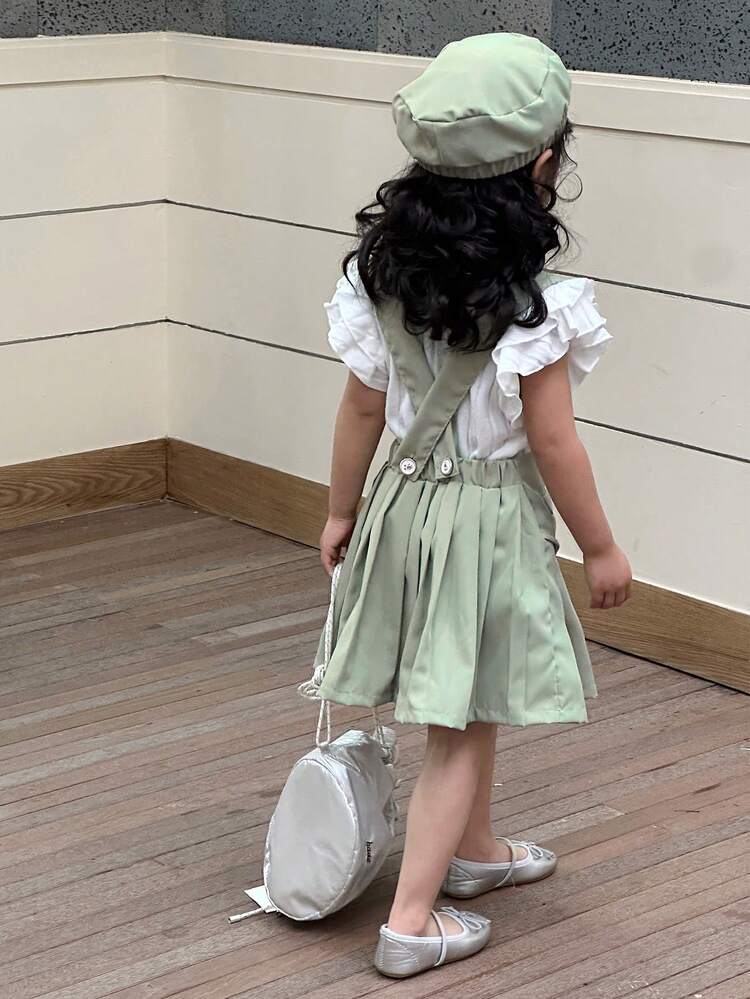 Young Girl Round Neck Ruffle Sleeve T-Shirt And Button Decor Pleated Suspender Skirt With Hat, Cool Summer Outfits