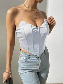 Allurite Top Sin Tirantes De Cuello En V Y Color Sólido De Moda Para Mujer - Blanco - Ver 6