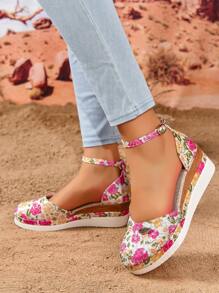 Giày sandal đế xuồng hở mũi, đế xuồng, hai tông màu lụa bất đối xứng có trang trí hoa cỡ lớn dành cho nữ - Đỏ và trắng - Xem 2
