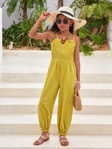 SHEIN Conjunto de traje de baño informal con parte superior + Bottom + falda de color empalmado con ribete de volantes para niña preadolescente