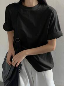 DAZY Áo thun cổ tròn rộng rãi màu trơn cho mùa hè Áo thun cỡ lớn - màu đen - Xem 4