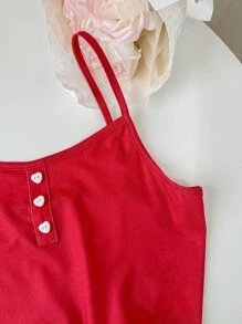 SHEIN Leap Crew Teen Girl 3 cái/bộ Áo ba lỗ dệt kim hình trái tim + Quần + Quần short Homewear cho mùa hè - Đỏ và trắng - Xem 9