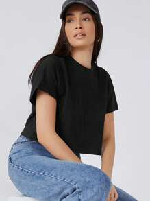 SHEIN BASICS Women's Summer Solid Color Round Neck Batwing Short Sleeve Loose Casual T-Shirt - Black - View 1
