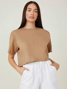 SHEIN BASICS Drop Shoulder Solid Crop Tee - Camel - View 1