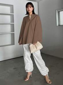 FRIFUL 女士纯色拉链落肩宽松休闲长袖 T 恤，春秋季