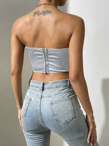 Allurite Top Sin Tirantes De Cuello En V Y Color Sólido De Moda Para Mujer - Blanco - Ver 2