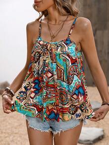 SHEIN Ladies' Vacation-Style All-Over All Over Print Camisole Cami Top Graphic Tees Women Tops - Multicolor - View 4