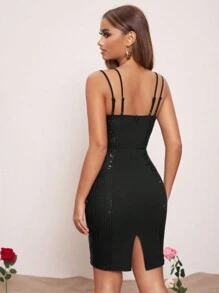 FASSION BY DANA 设计师女士时尚撞色亮片细肩带连衣裙、夏季优雅连衣裙、节日、派对、新年夜服装 - 黑色 - 查看 2