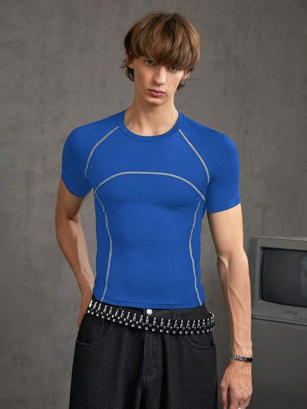 Manfinity RebelGame Men's Decorative Line Slim Fit Short Sleeve T-Shirt Suitable For Daily Wear, Spring And Summer